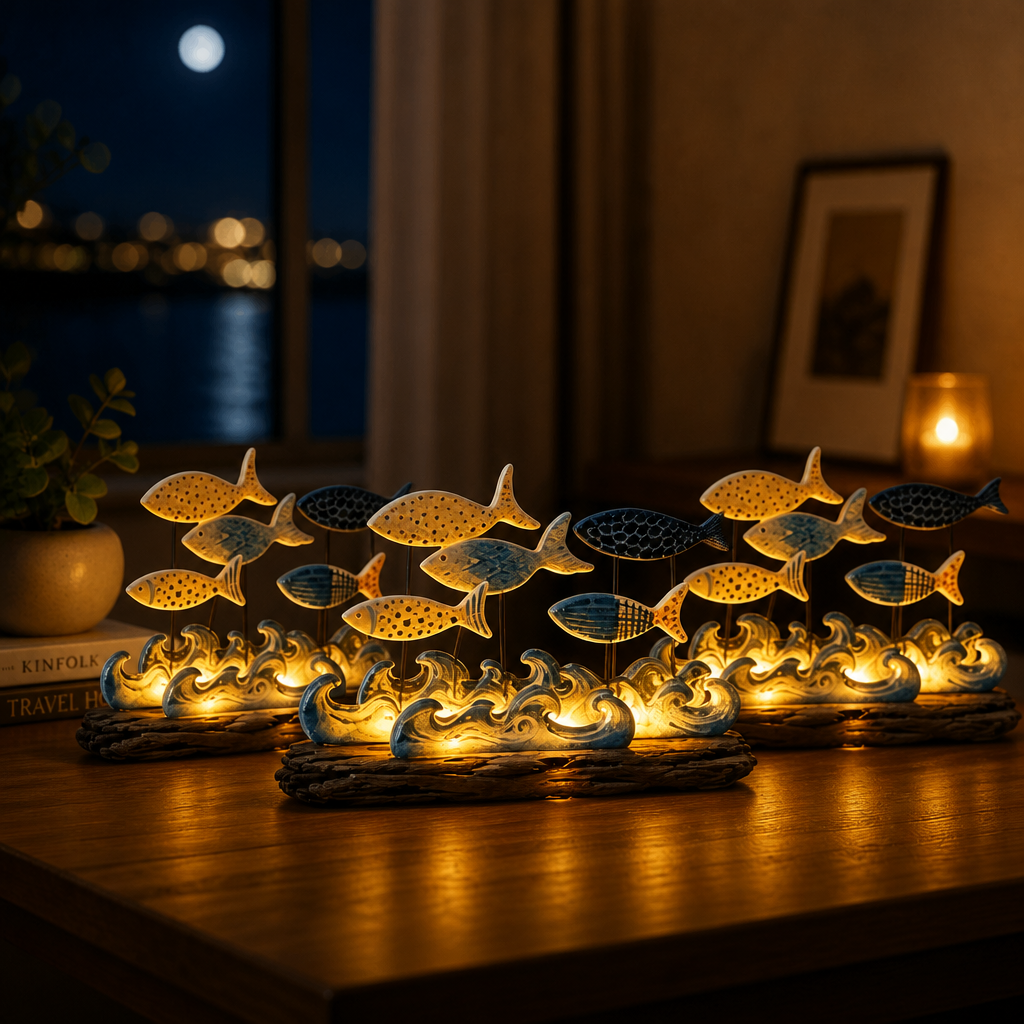 Lighted Coastal Fish Sculpture - Ocean Inspired LED Tabletop Decor for Beach House & Seaside Home