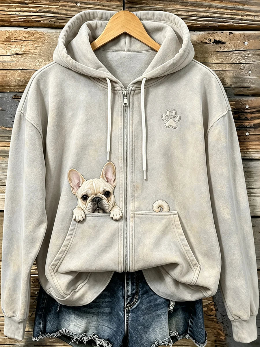 Women's Cute Peeking French Bulldog & Paw Print Cozy Zip-Up Hoodie