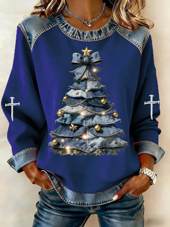 Women's Casual Denim Christmas Tree Print Sweatshirt