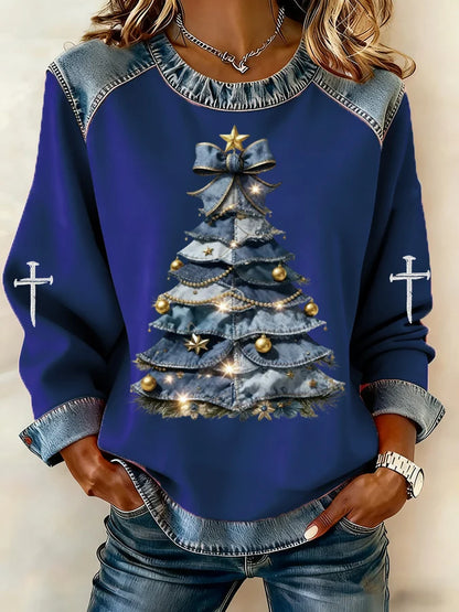 Women's Casual Denim Christmas Tree Print Sweatshirt