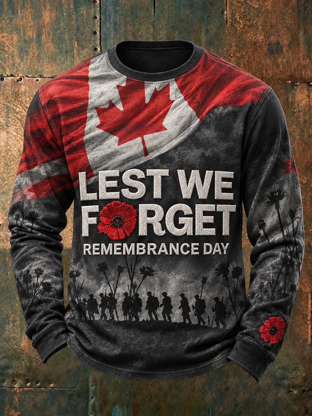 Men's Last We Forget Slogan Papaver Rhoeas Pattern Printed Causal Long Sleeve T-shirt