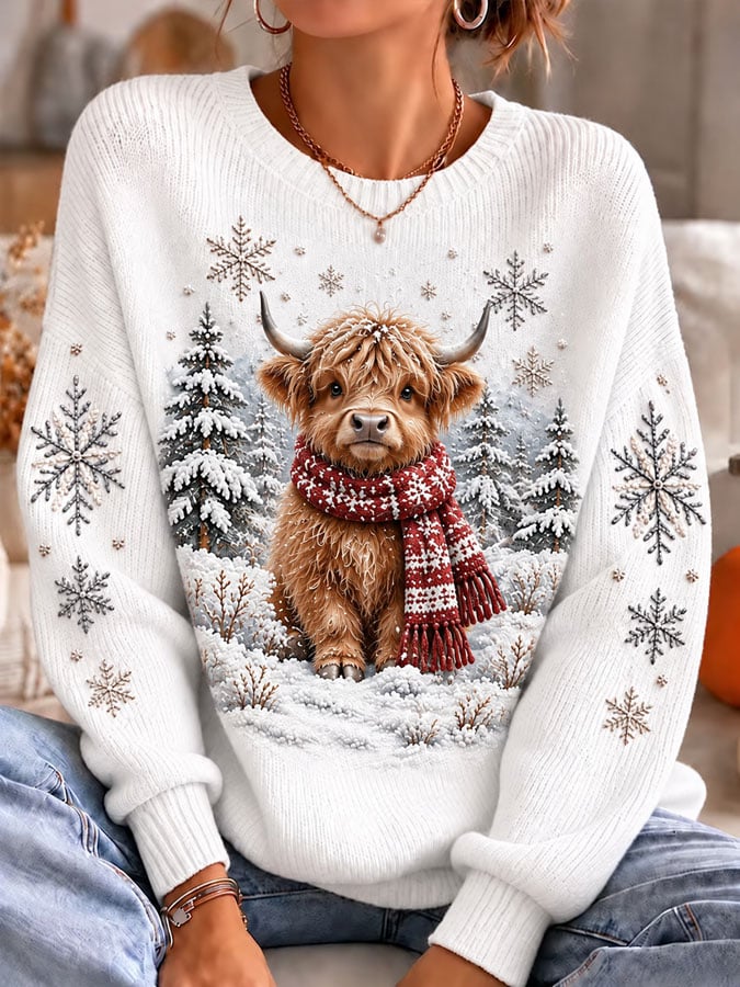 Women's Casual Highland Cow Print Knit Top