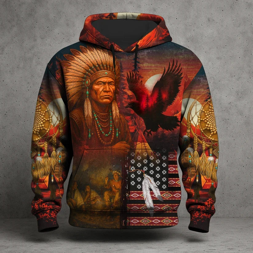 3D Hoodie Native American Faux Leather Vest Hoodie, Southwestern Tribal Eagle Feather Graphic