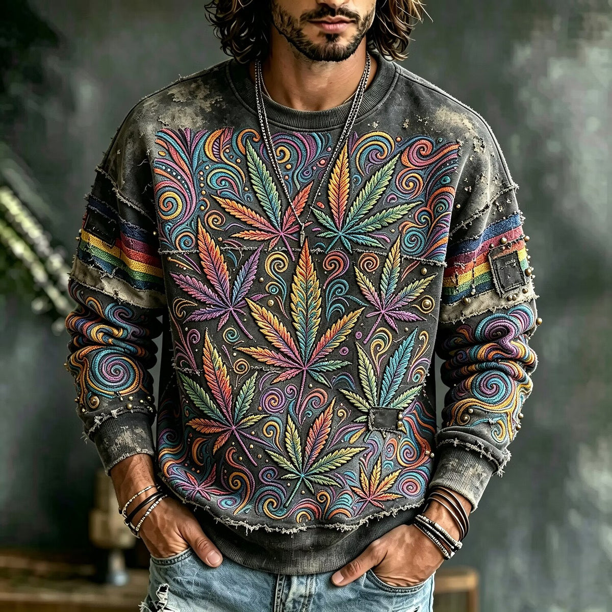 Men's Rainbow Hemp Leaf Print Crew Neck Sweatshirt