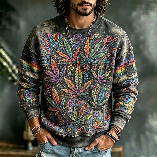 Men's Rainbow Hemp Leaf Print Crew Neck Sweatshirt