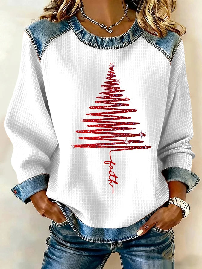 Women's Christmas Waffle Crew Neck Casual Sweatshirt