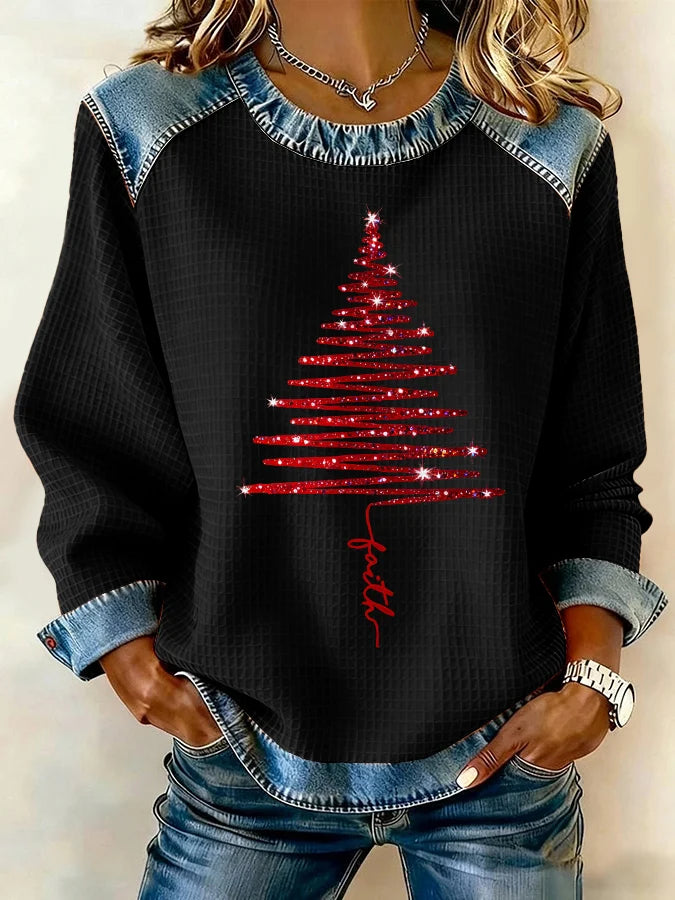 Women's Christmas Waffle Crew Neck Casual Sweatshirt