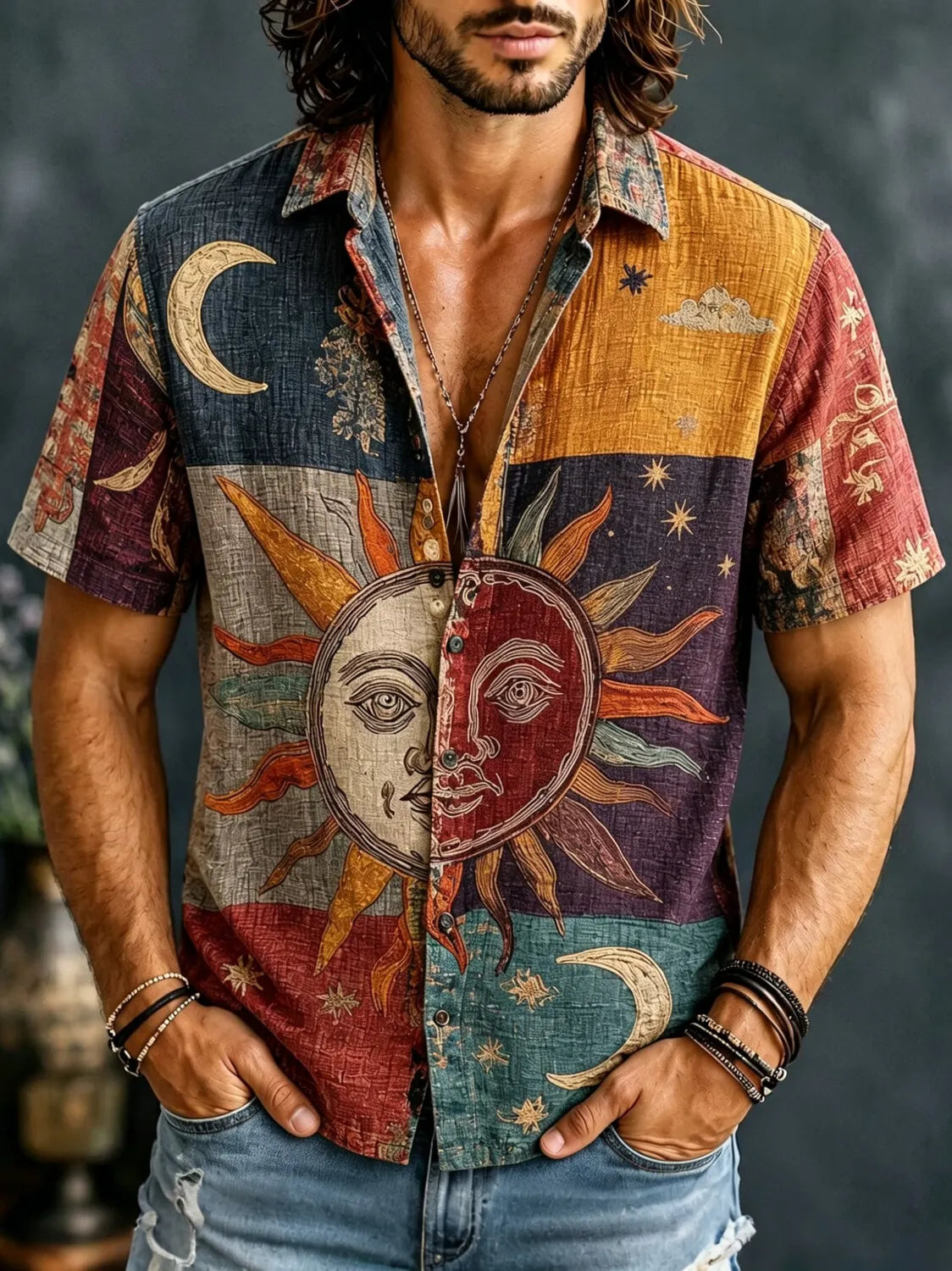 Men's Bohemian Sun Moon Print Short Sleeve Buttons Shirt