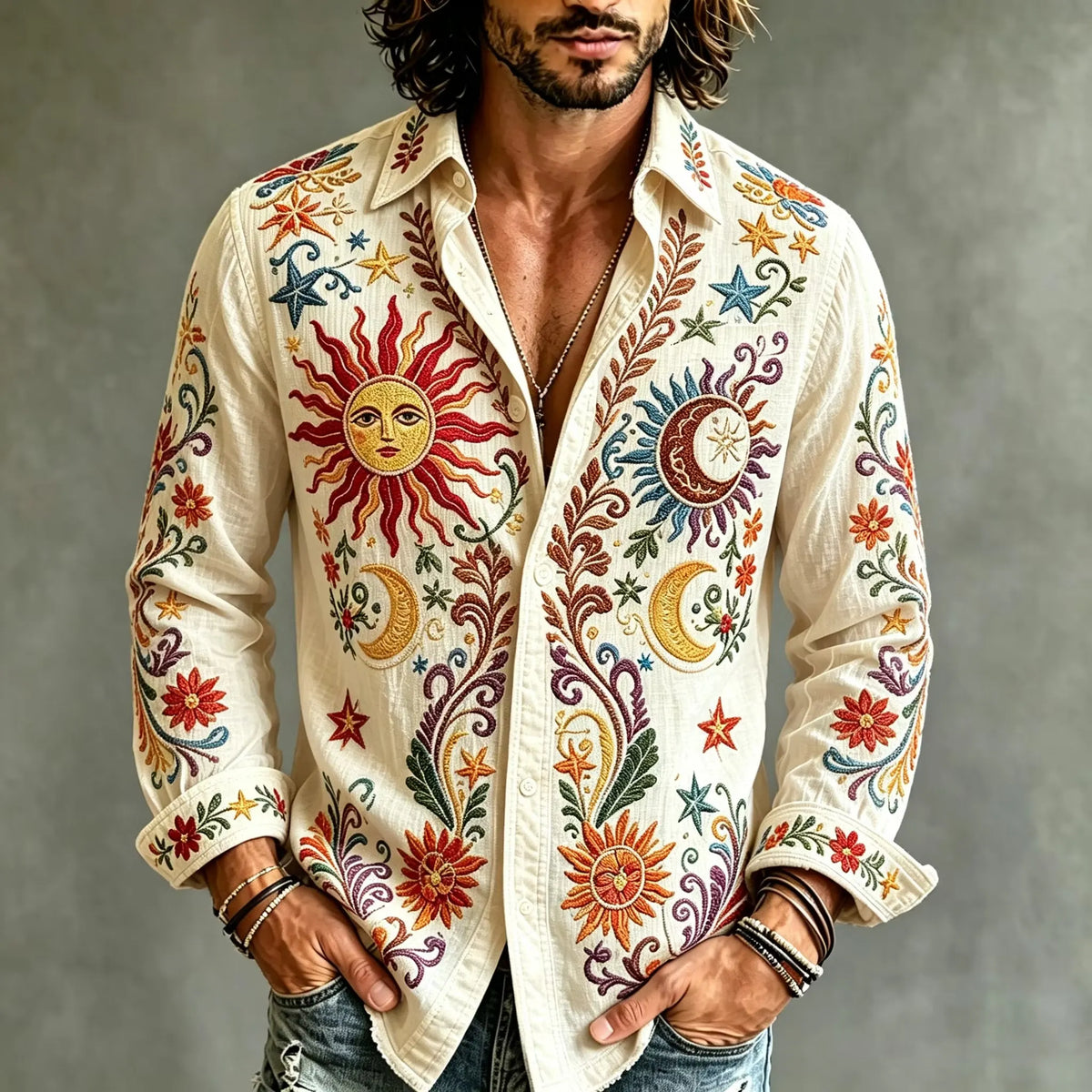 Men's Rural Sun Moon Bloom Print Shirt