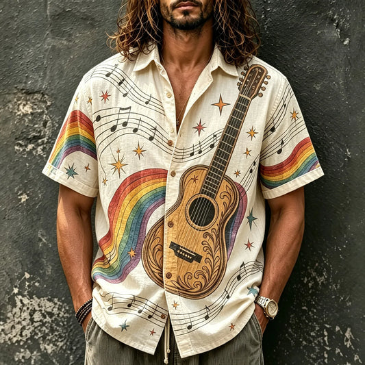 Men's Hippie Rainbow Star Guitar Print Short Sleeve Buttons Shirt