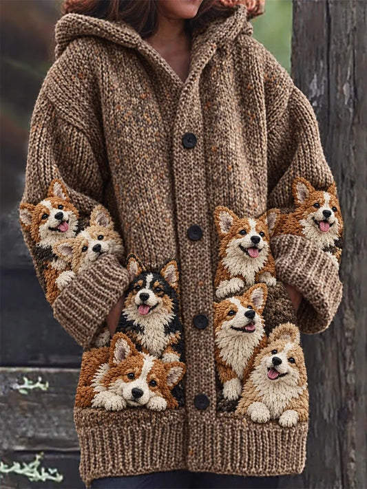 Women's Vintage Crowded Corgi Dogs Print Cozy Composite Fleece Long Coat