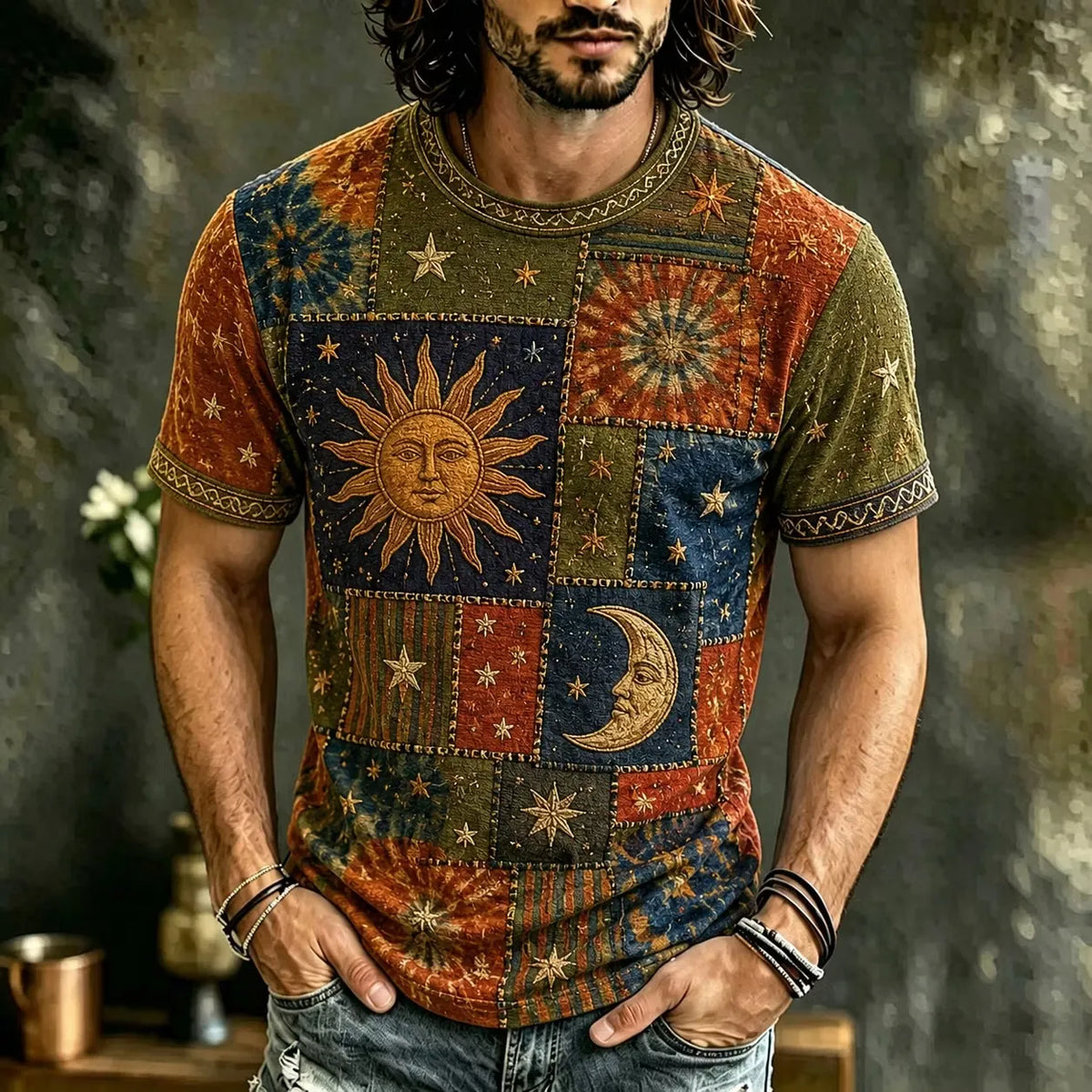 Men's Mixed Textile Tribal Trim Celestial Sun Moon Print Crew Neck Short Sleeve T-Shirt