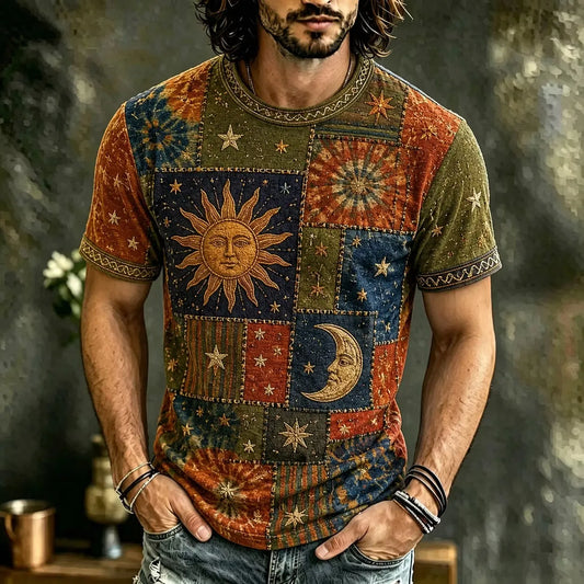 Men's Mixed Textile Tribal Trim Celestial Sun Moon Print Crew Neck Short Sleeve T-Shirt