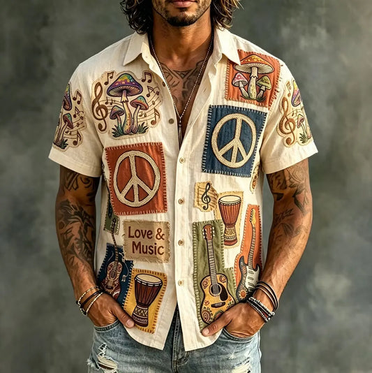Men's Love and Music Mushroom Music Instrument Patchwork Print Short Sleeve Buttons Shirt