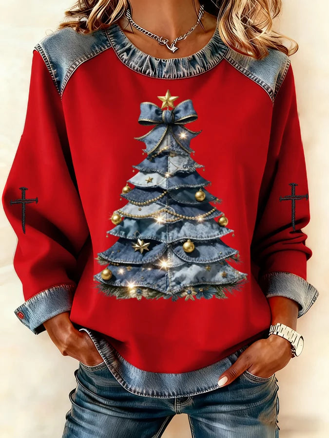 Women's Casual Denim Christmas Tree Print Sweatshirt