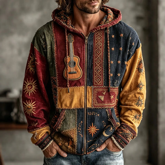 Men's Folk Music Celestial Print Zipper Hoodies