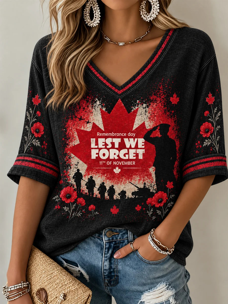 Women's Lest We Forget Canada Remembrance Day Print Mid-length Sleeves V-Neck T-Shirt