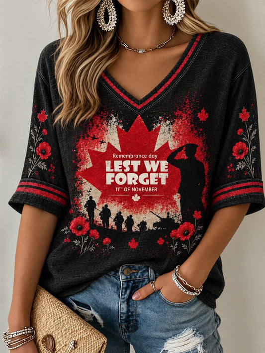 Women's Lest We Forget Canada Remembrance Day Print Mid-length Sleeves V-Neck T-Shirt