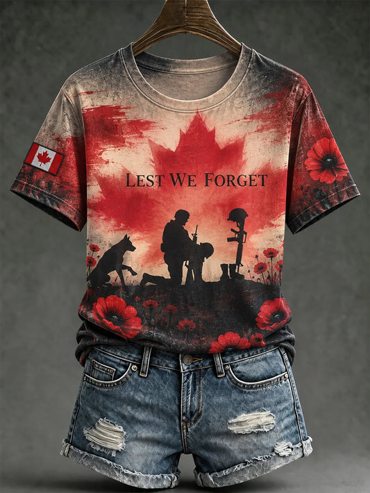 Women's Last We Forget Slogan Papaver Rhoeas Pattern Printed Causal Short Sleeve T-shirt