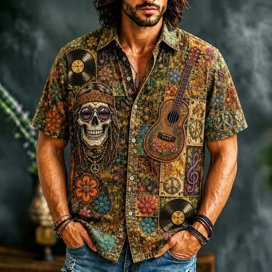 Men's Vintage Floral Skull Guitar Hippie Patchwork Print Short Sleeve Buttons Shirt