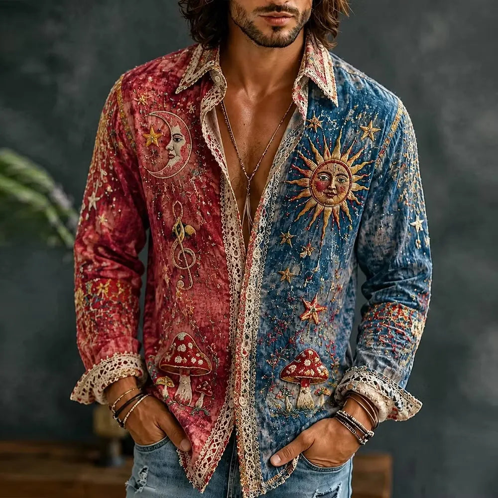 Men's Sun Moon Treble Clef Mushroom Print Long Sleeve Shirt