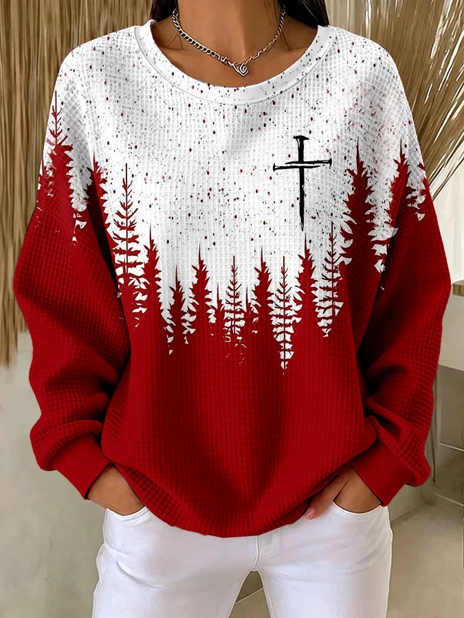 Women's Christmas Faith Print Casual Waffle Long-Sleeve Top