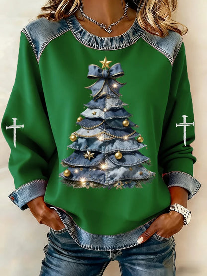 Women's Casual Denim Christmas Tree Print Sweatshirt