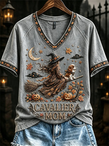 Women's Halloween Fall Cavalier Mom Witch & Dog Print short-sleeved T-shirt
