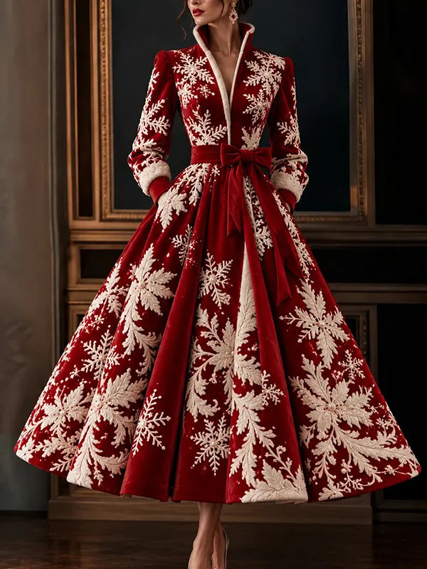 Women's Christmas Snowflake Print Long Sleeve Maxi Dress