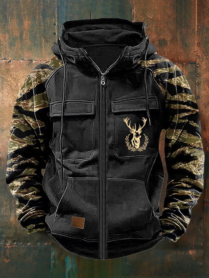Men's Vintage Western Deer Print Multi-Pocket Jacket