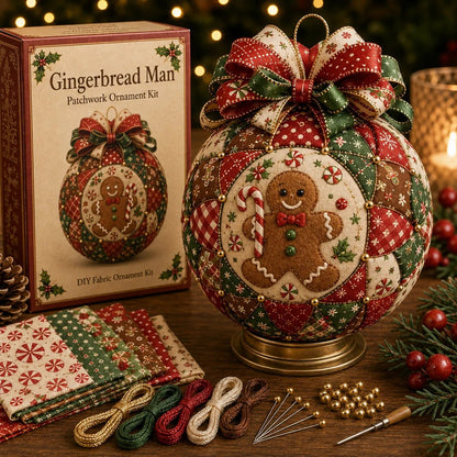Gingerbread man Christmas patchwork ornament DIY kit with festive fabric pieces