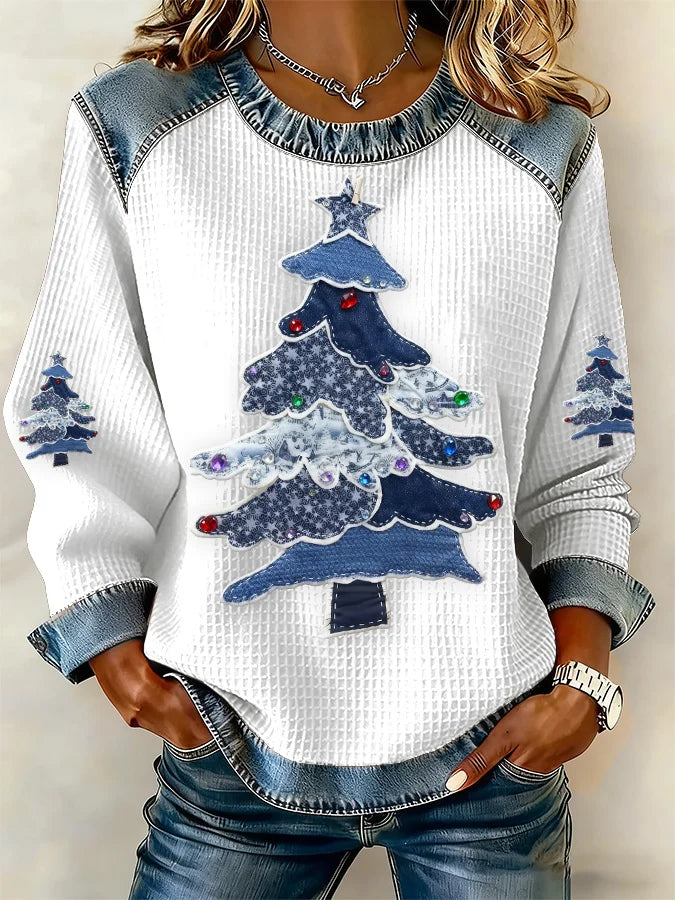 Women's Casual Western Christmas Tree Waffle Sweatshirt
