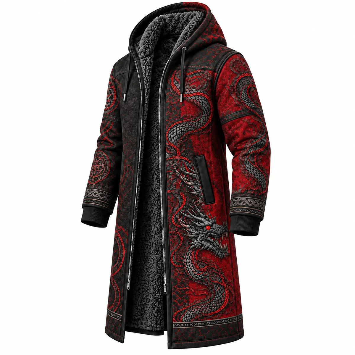 Black Red Nordic Pattern Longline Hooded Fleece Coat