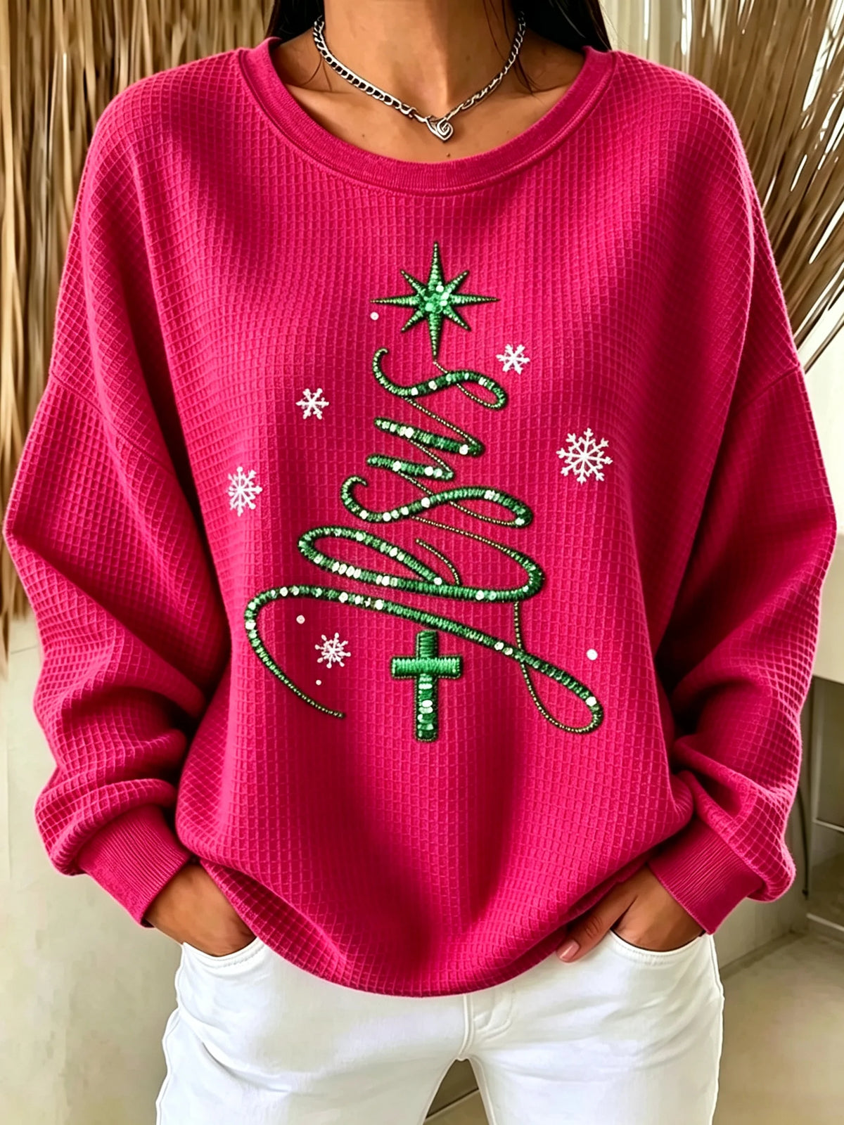 Women's Christmas Faith Print Casual Waffle Long-Sleeve Top