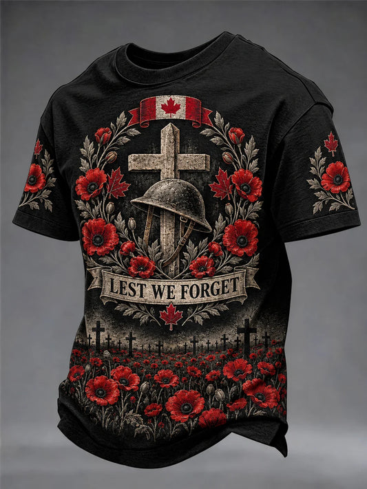 Men's Lest We Forget Canada Remembrance Day Print V-neck Short Sleeve T-shirt