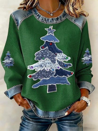 Women's Casual Western Christmas Tree Waffle Sweatshirt