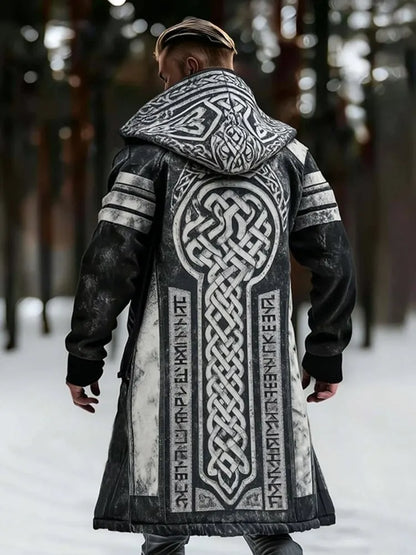 Men's Viking Celtic With Rune Totem Printed Fleece-Lined Hooded Jacket