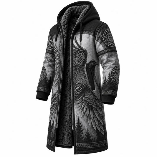 Charcoal Gray Knot Print Longline Hooded Fleece Coat