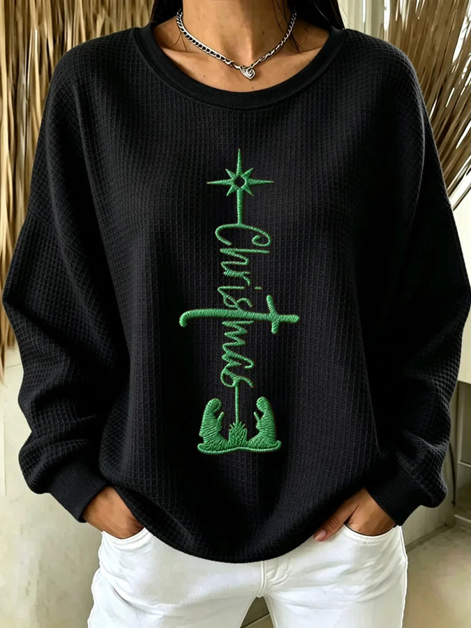 Women's Christmas Faith Print Casual Waffle Long-Sleeve Top