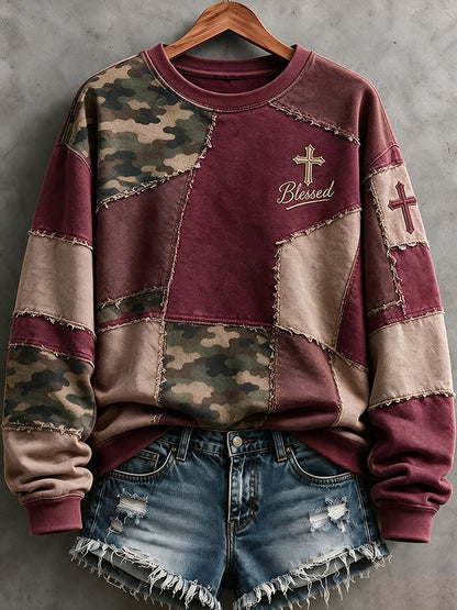 Women's Retro Camouflage Cross Print Casual Sweatshirt