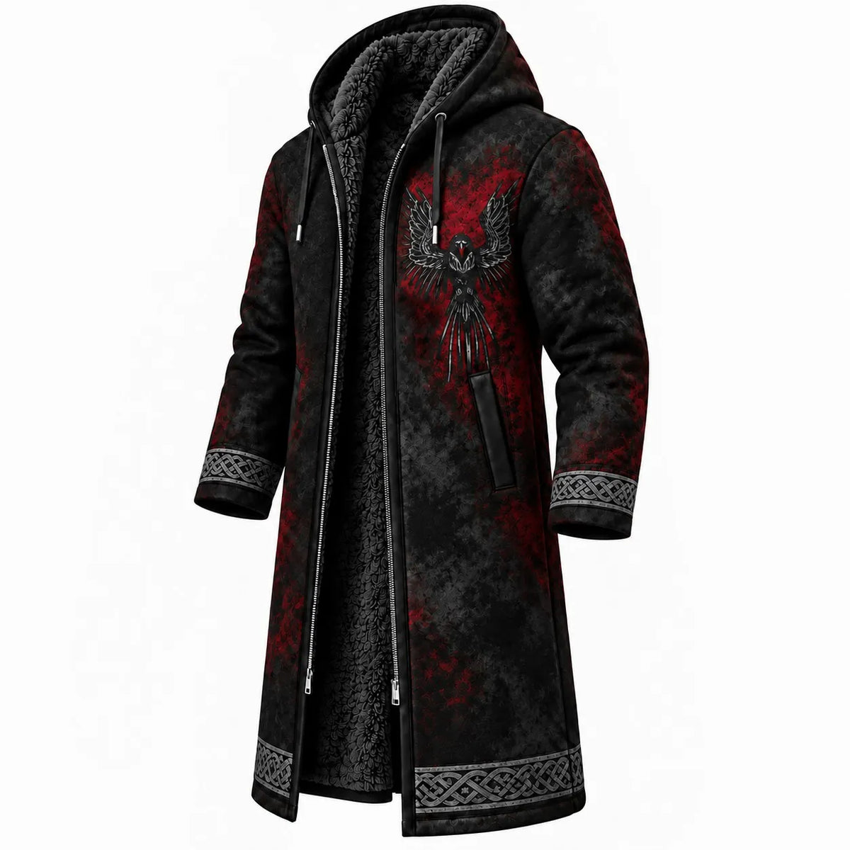 Viking Dark Crow Totem Red Gradient Print Fleece-Lined Hooded Jacket
