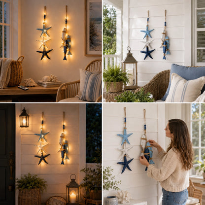Lighted Coastal Wooden Hanging Decor - Starfish & Fish Wall Ornament