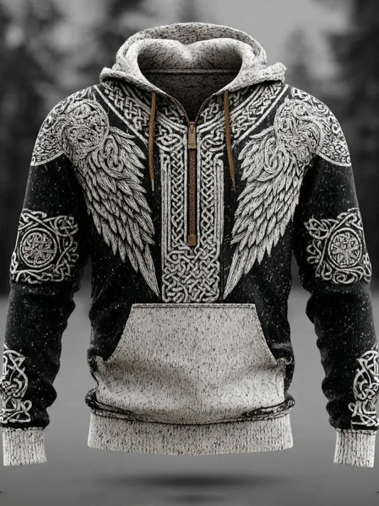 Men's Viking Mythology Viking Wings Zipper Vintage Hoodie Sweater
