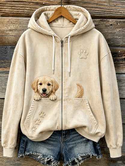 Women's Cute Peeking Golden Retriever & Paws Print Cozy Zip-Up Hoodie