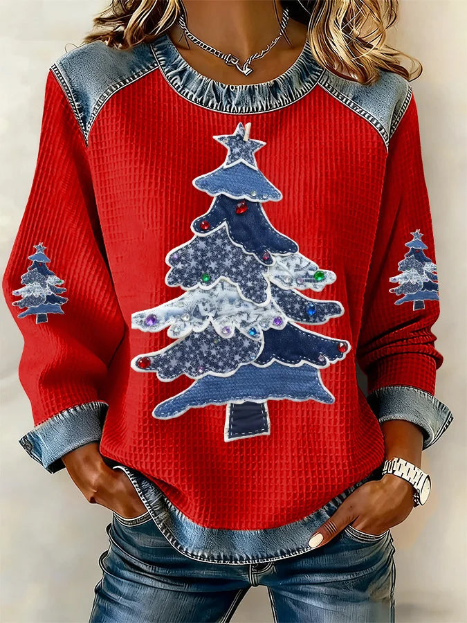 Women's Casual Western Christmas Tree Waffle Sweatshirt