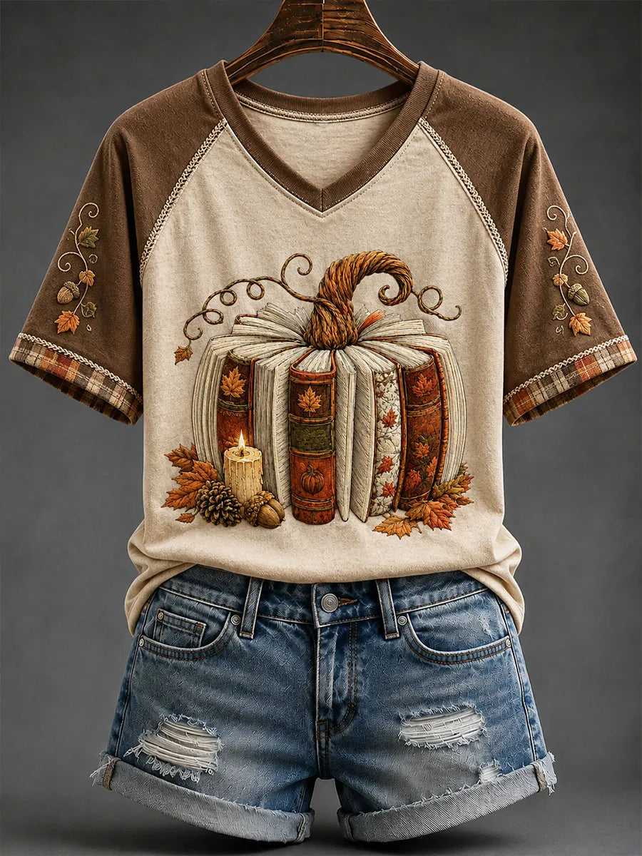 Women's Pumpkin Books V-neck T-shirt