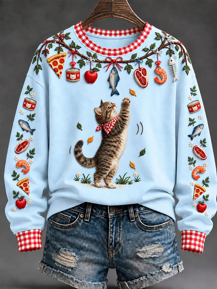 Women's "Every Pet’s Thanksgiving Dream" Tabby Cat Print Casual Sweatshirt