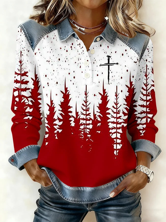 Women's Christmas Faith Print Long Sleeve Lapel Buttoned Sweatshirt