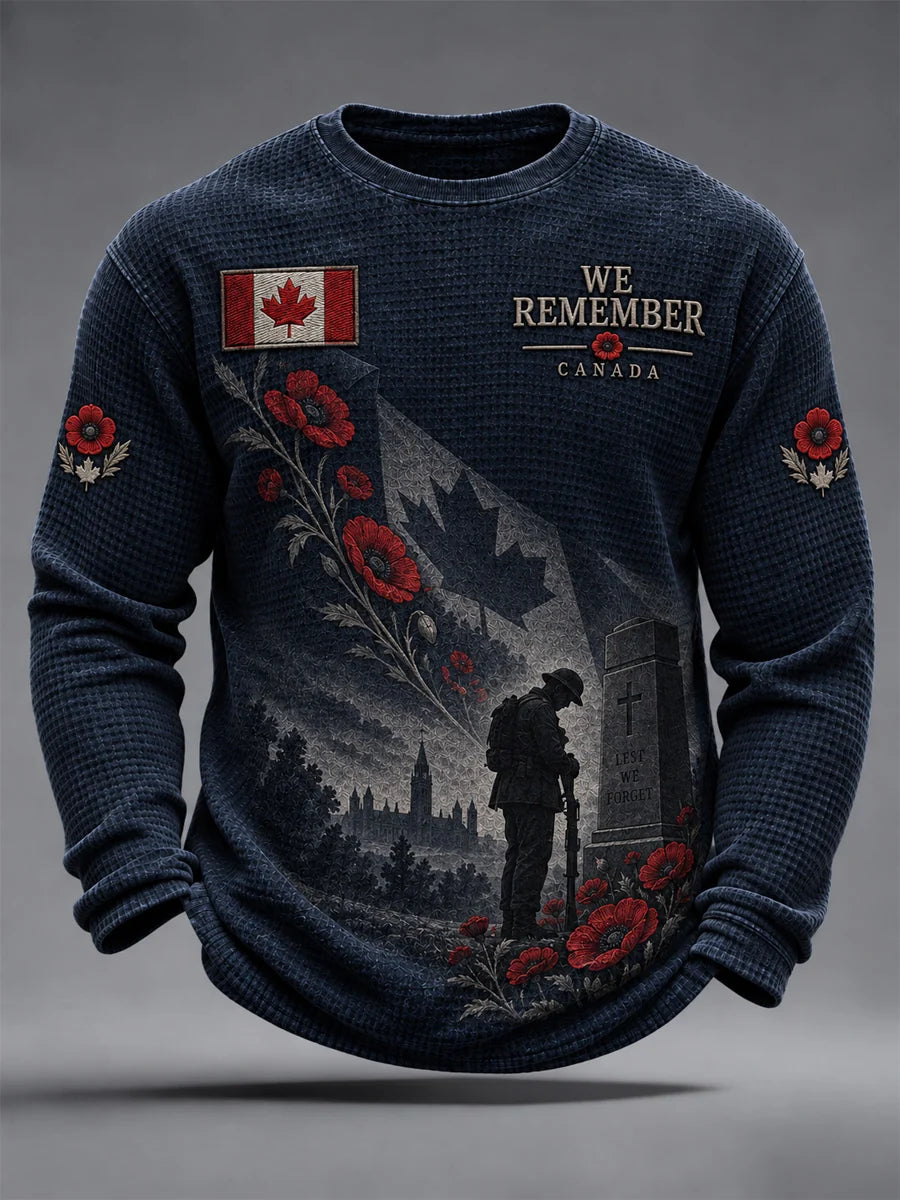 Men's Lest We Forget Canada Remembrance Day Print Waffle Long Sleeve T-Shirt