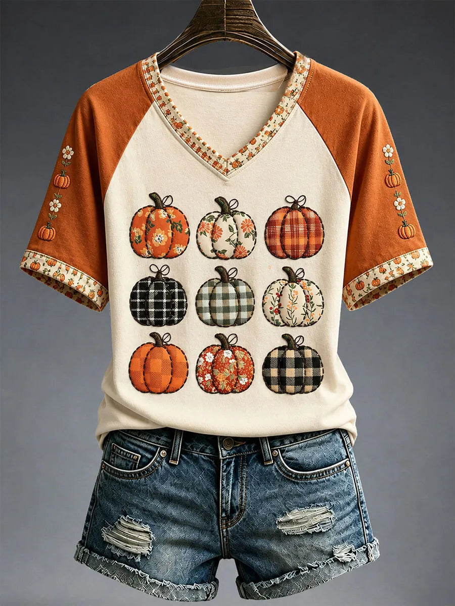 Women's Pumpkin Flowers V-neck T-shirt